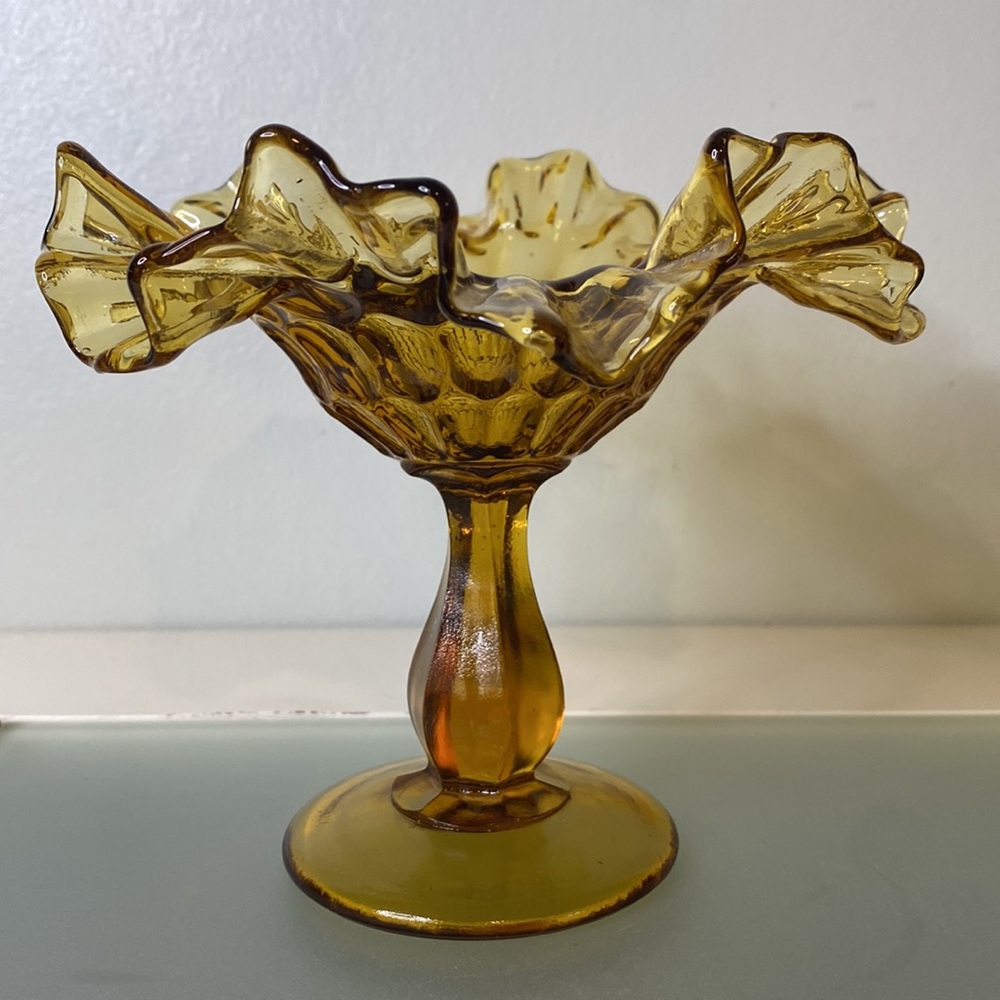 Vintage Fenton Colonial Thumbprint Amber Art Glass Footed Comote Candy Dish